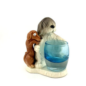 Quon Quon Porcelain Bobtail and Dachshund Hand-painted candle holder Japan 5,5"